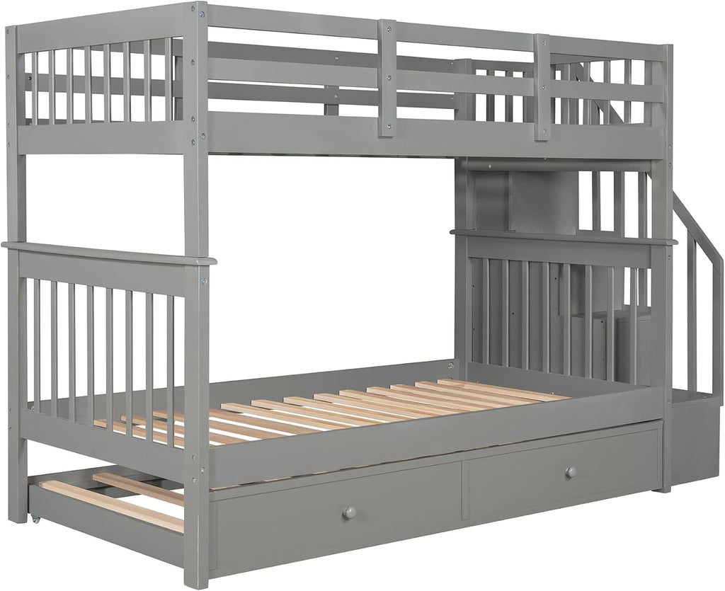 Wooden Twin Size Bunk Bed with Trundle & Storage Staircase & Shelves,Twin over Twin Bunk Bed Frame with Safety Guardrails,Headboard and Footboard for Kids Teens Adults,No Box Spring Needed,Grey