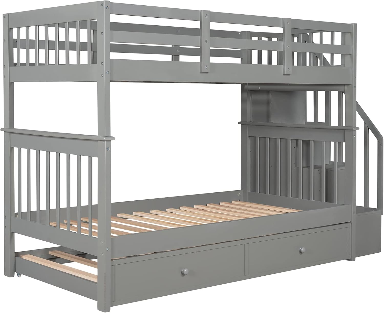 Wooden Twin Size Bunk Bed with Trundle & Storage Staircase & Shelves,Twin over Twin Bunk Bed Frame with Safety Guardrails,Headboard and Footboard for Kids Teens Adults,No Box Spring Needed,Grey