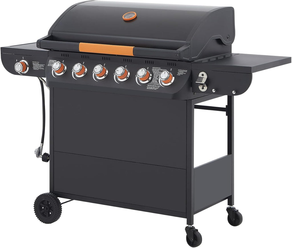Black 6 Burner Propane Gas BBQ Grill with Side Burner, 72000 BTU Output Stainless Steel Barbecue Grill with Cast Iron Grates and Side Tables for Outdoor Cooking Patio Backyard (6+1 Cast Iron Grate)
