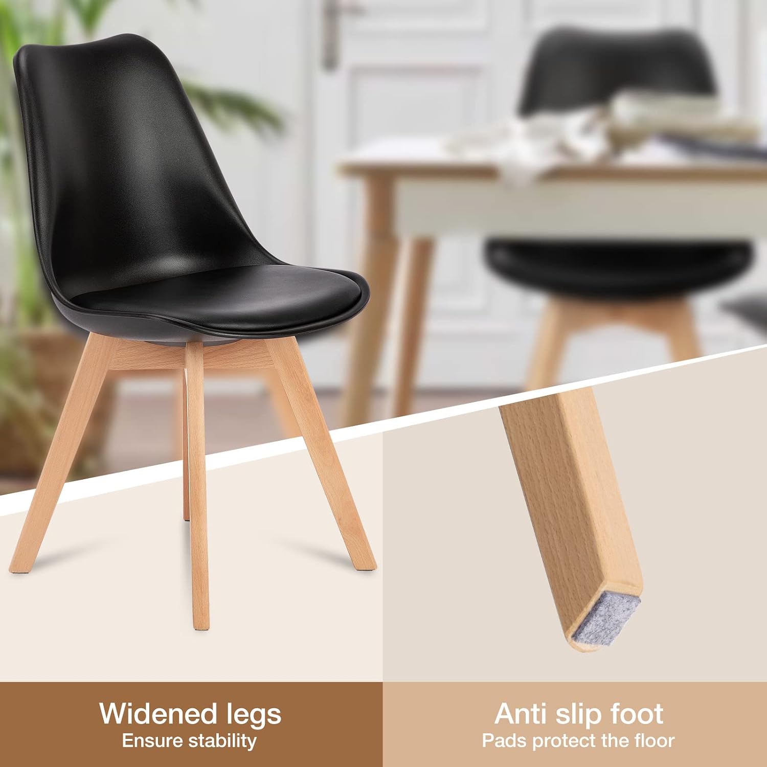 OLIXIS Dining Chairs Set of 8 Kitchen Mid Century Modern Chairs with Wood Legs and PU Leather Cushion for Living Room Bedroom Outdoor Lounge, Black