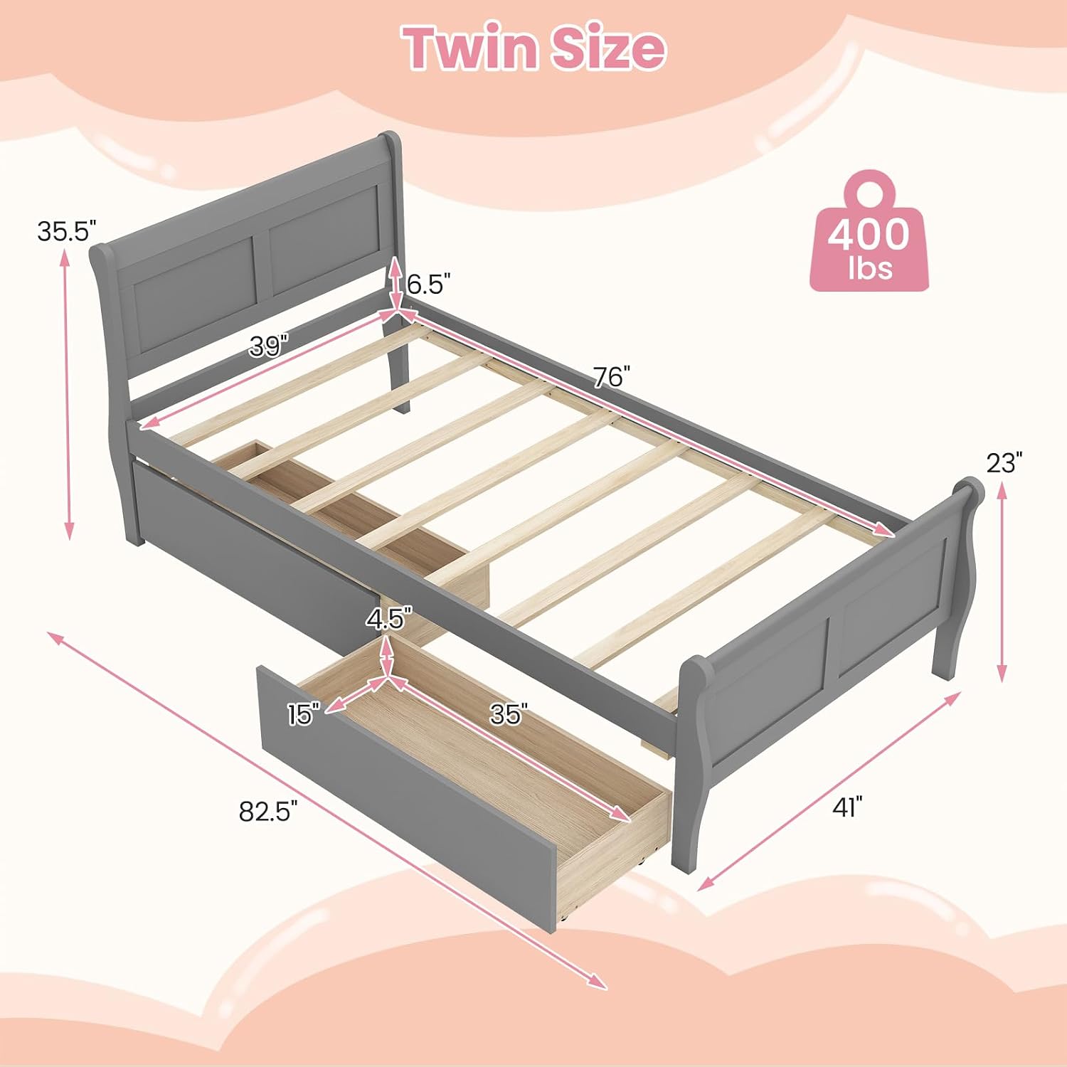 KOMFOTT Twin Bed with 2 Drawers, Twin Storage Bed with Headboard & Footboard, Sleigh Wood Bed Frame with Wooden Slats Support for Kids, Teens, Adults, No Box Spring Needed, Grey