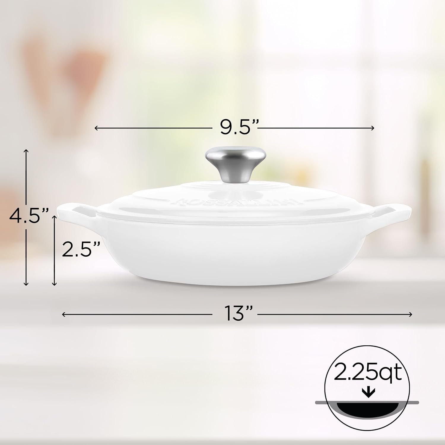 ROSSALLINI Signature Enameled Cast Iron Braiser, Non-Stick Serving Pot with Tight Fitting Lid for Perfect Roasting, Baking, Sauteing, Searing, and Pan Frying | 2.25Q (2.1L) - White