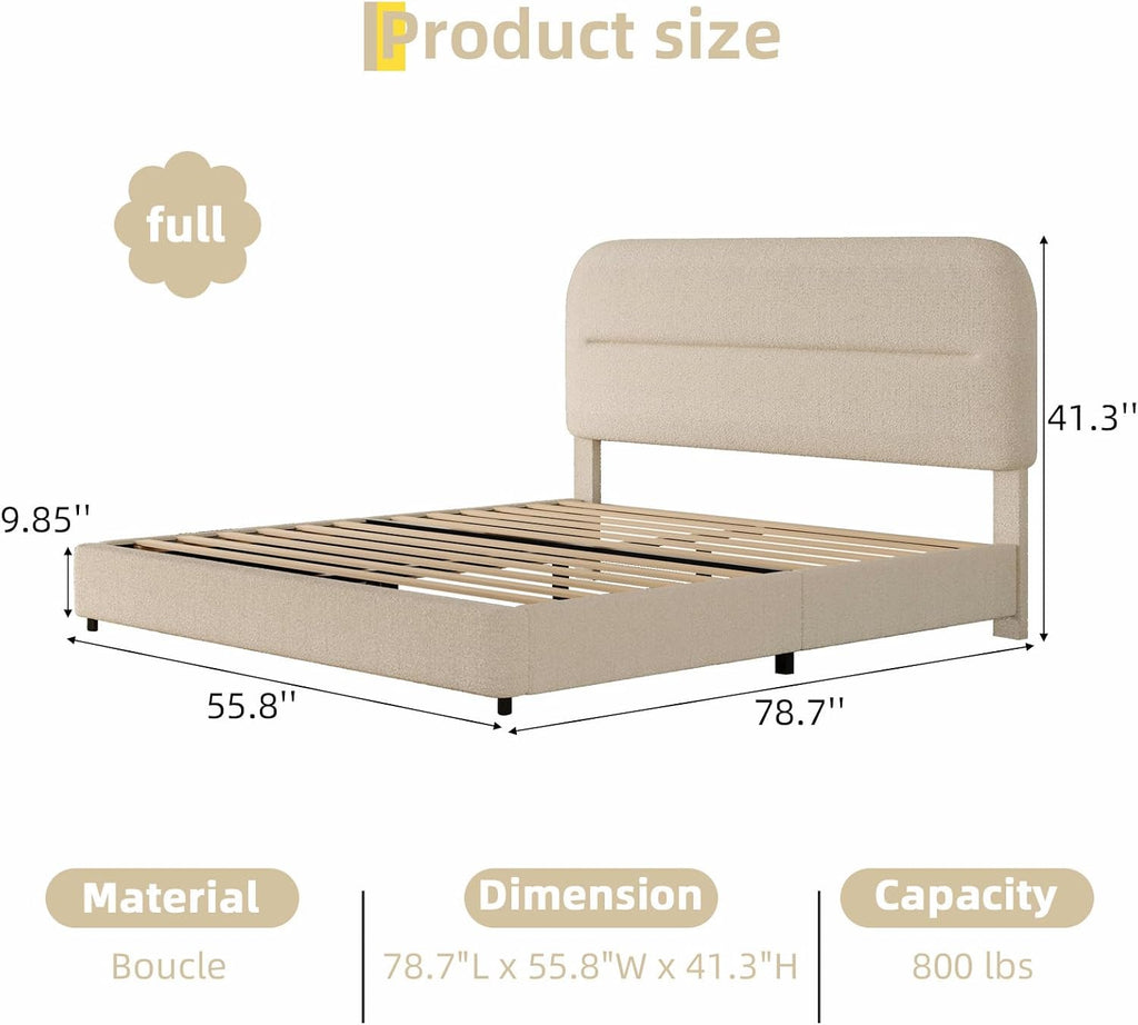 HOMBCK Full Size Boucle Bed Frame, Upholstered Cloud Bed with Headboard, Soft Bed Frames, Modern Style/Thickened Footboard/Rounded Corners Design/No Box Spring Required/Easy Assembly, Beige