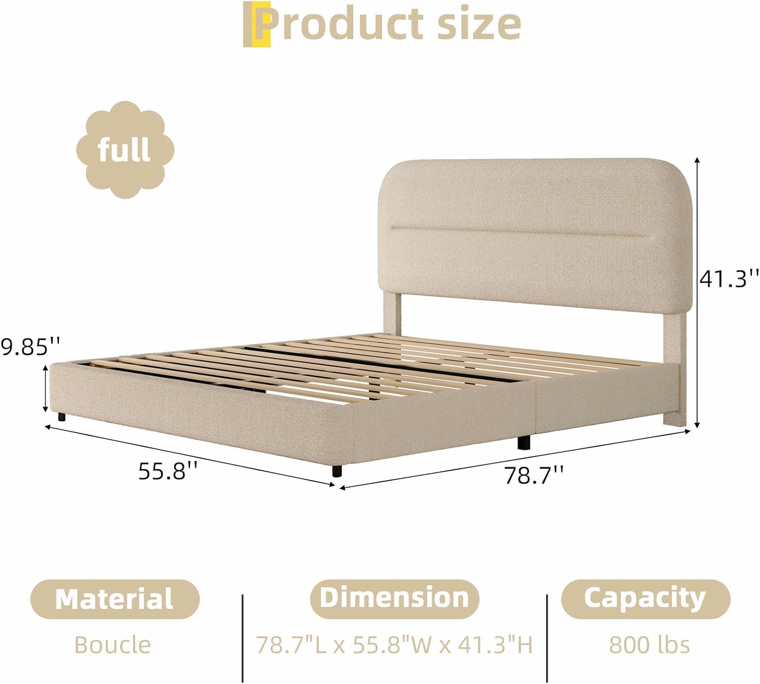 HOMBCK Full Size Boucle Bed Frame, Upholstered Cloud Bed with Headboard, Soft Bed Frames, Modern Style/Thickened Footboard/Rounded Corners Design/No Box Spring Required/Easy Assembly, Beige