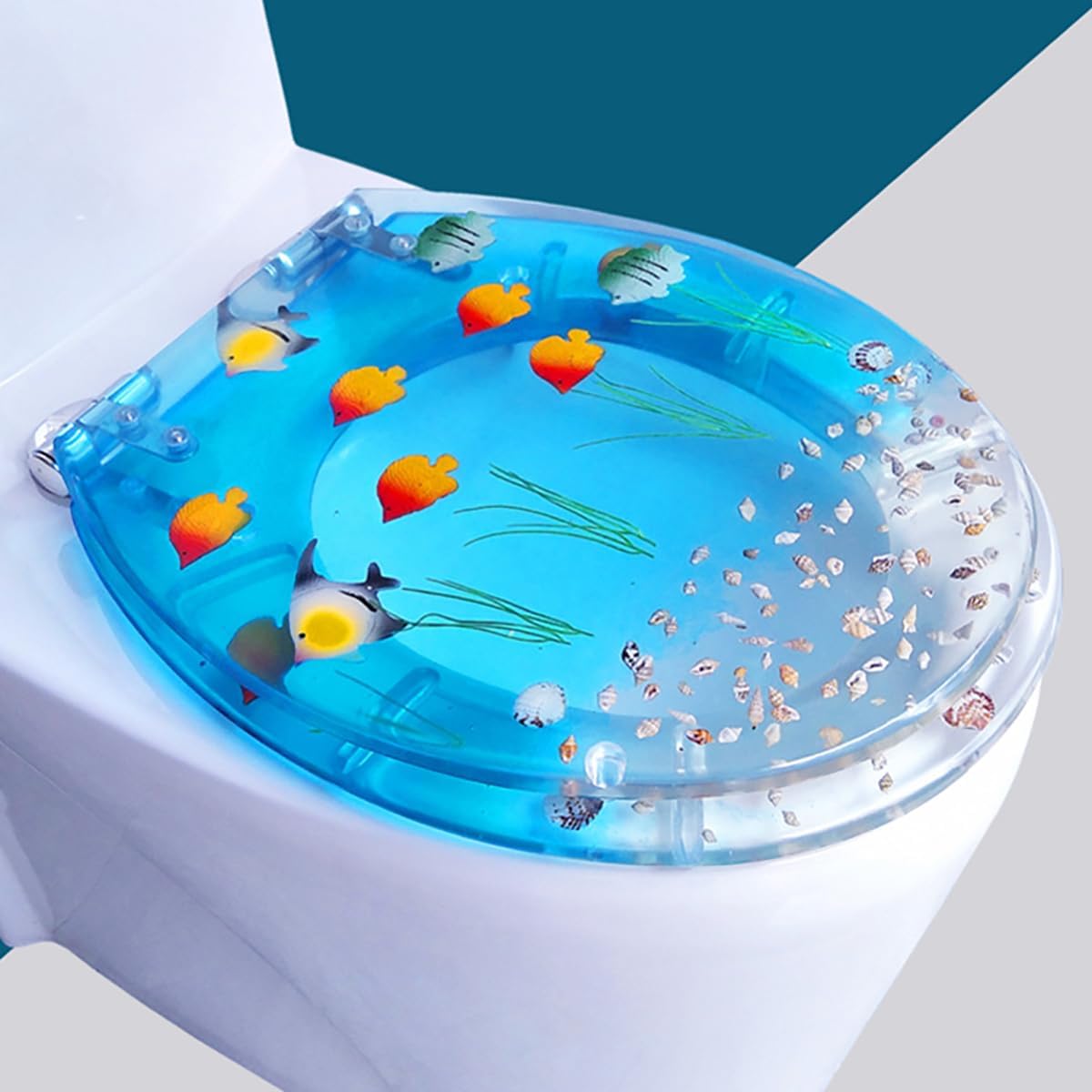 3D Ocean Series Round Toilet Seat, Mute No Slam Toilet Seat Cover with Soft Close Toilet Lid and Stainless Steel Hinges, Thickened Safety Resin Toilet Seats (C)