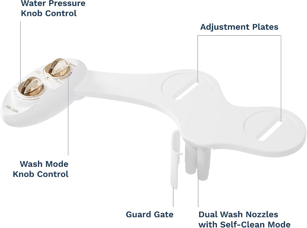 LUXE Bidet NEO 185 Gold Bidet Attachment, Comfort Soft Footstool, Toilet Seat Bumpers, and Water Filter Gift Set