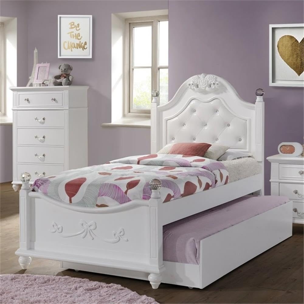 Pemberly Row Contemporary 4 Piece Twin Platform Bedroom Set, Solid Rubber Wood with White Faux Leather Headboard, Trundle Storage, Crystal Ball Posts, Bow Moldings, Bedroom Furniture for Kids or Teens