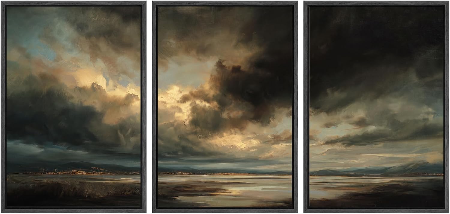 SIGNWIN Framed Canvas Print Wall Art Set Dramatic Stormy Sky Golden Light Coastal Landscape Illustrations Modern Art Decorative Scenic Rustic for Living Room, Bedroom, Office - 24'x36'x3 Black