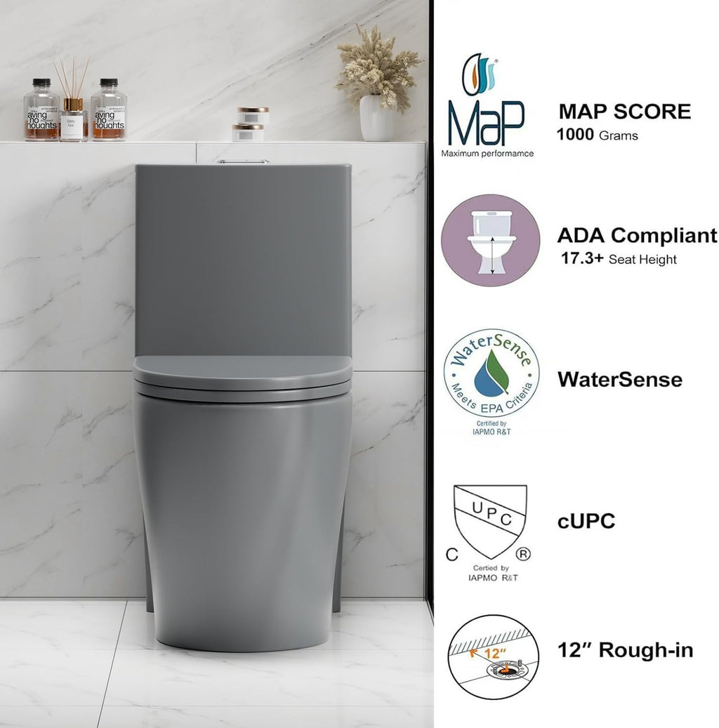 Elongated One Piece Toilet with Comfort Chair Seat ADA Height 17.3' Modern Toilet for Bathroom, Dual Flush 0.8/1.6 GPF and MAP 1000g, 12' Rough-In, Soft Closing Seat, Light gray