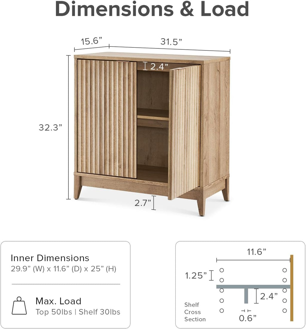 mopio Brooklyn Fluted Storage Cabinet, Modular Accent Buffet Sideboard with Adjustable Shelf, FSC Certified 50lb Load Modern Farmhouse Wood Credenza for Dining, Living Room, Entryway (Oak, Set of 2)