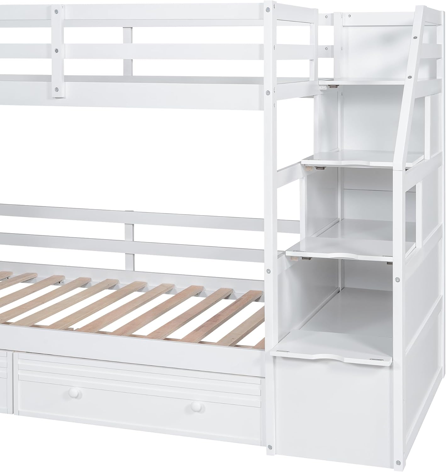 Merax Twin Over Twin Bunk Bed with Storage Staircase & Desk, Wood Bedframe with 2 Pull Out Drawers,Sturdy Bedroom Furniture Set for Boys Girls Teens (White)