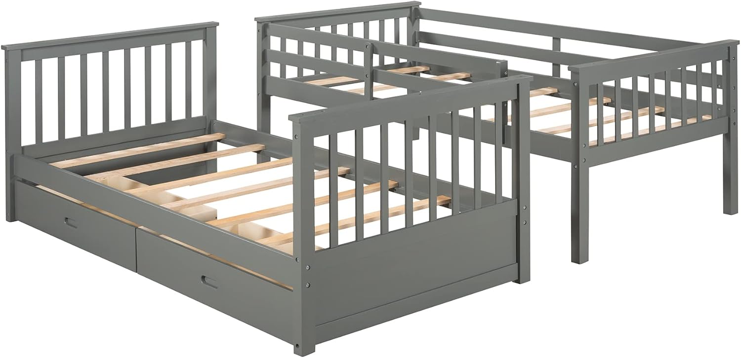 Harper & Bright Designs Twin-Over-Twin Bunk Bed with Two Storage Drawers, Solid Wood Twin Size Bunk Bed with Guardrial and Removble Ladder, Can be Converted Into 2 Separate Beds, Grey