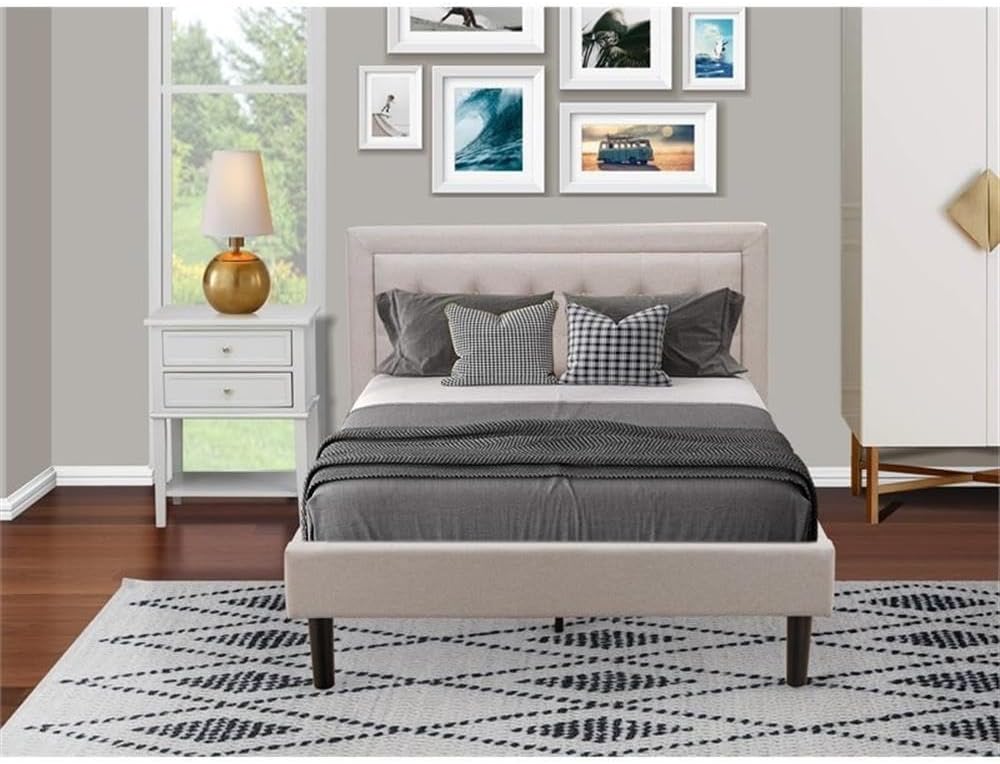 East West Furniture FN08F-1VL14 2-Pc Platform Bedroom Set with 1 Full Size Bed Frame and a Night Stand - Reliable and Durable Manufacturing - Mist Beige Linen Fabric