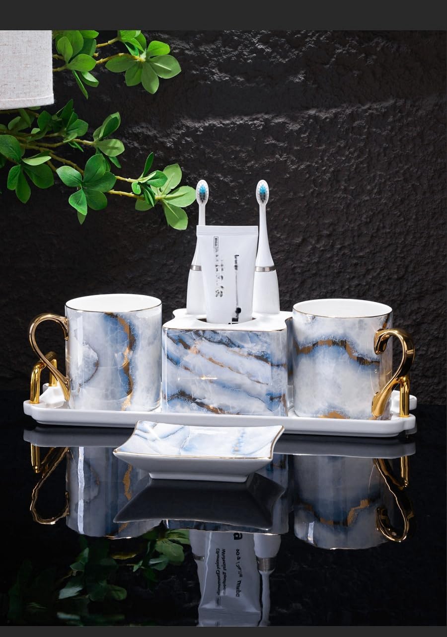 Bathroom Sets,Bathroom Accessories Set with Acacia Wood Tray Luxury Marble Look Sets Soap Dispenser Set Easter Bathroom Decor Modern Simple Farmhouse Bathroom Decor Platinum Cup Gold Handle Five-Pie