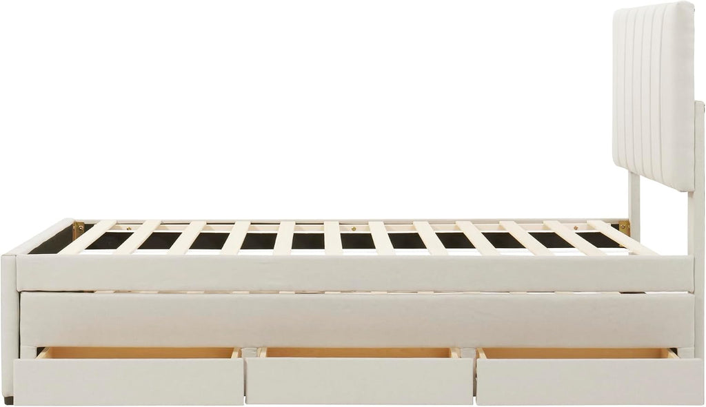 Merax Twin Size Upholstered Platform Bed with Trundle and 3 Storage Drawers, Twin Bed Frame & Tall Stripe Headboard for Bedroom, Solid Wood Slats Support, No Box Spring Needed, Easy Assembly, Beige