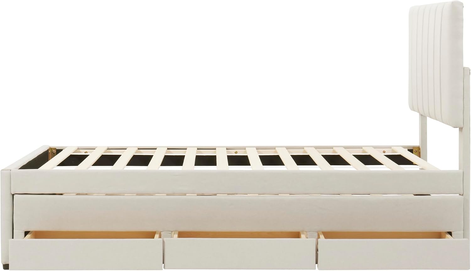 Merax Twin Size Upholstered Platform Bed with Trundle and 3 Storage Drawers, Twin Bed Frame & Tall Stripe Headboard for Bedroom, Solid Wood Slats Support, No Box Spring Needed, Easy Assembly, Beige