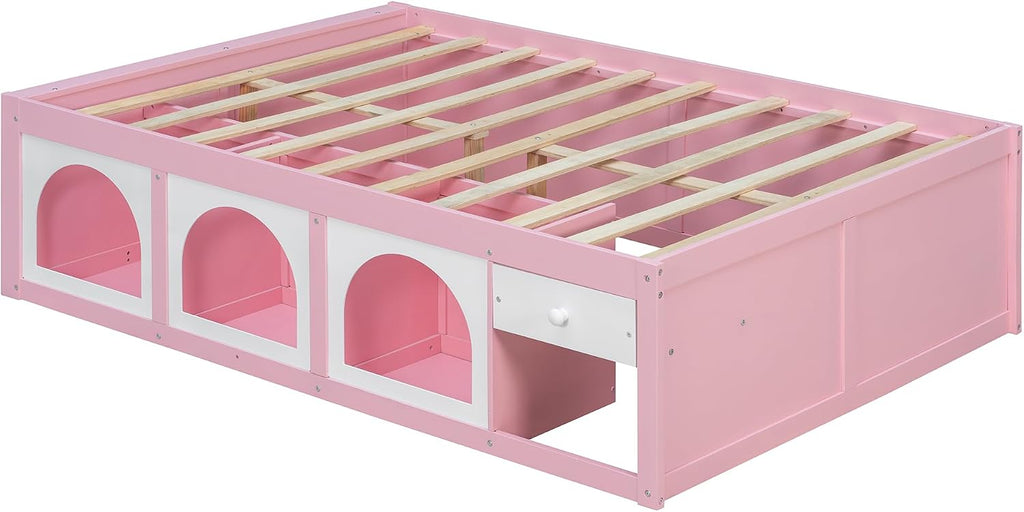 Bellemave Full Size Kids Bed with Display Cabinet, LED Light and Drawer, Wood Full Platform Bed with Bookshelf, BedFrames for Kids, Adults, Pink+White