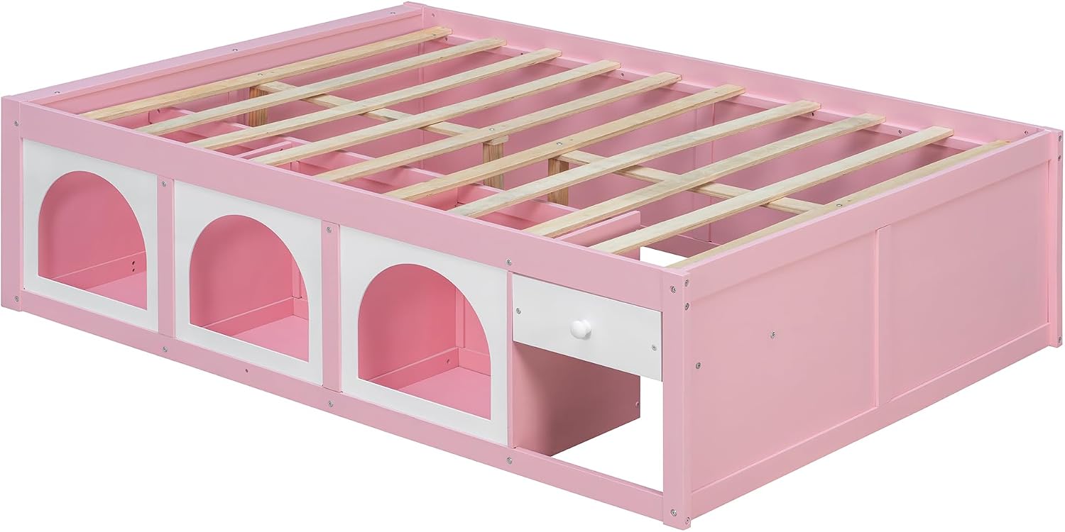 Bellemave Full Size Kids Bed with Display Cabinet, LED Light and Drawer, Wood Full Platform Bed with Bookshelf, BedFrames for Kids, Adults, Pink+White