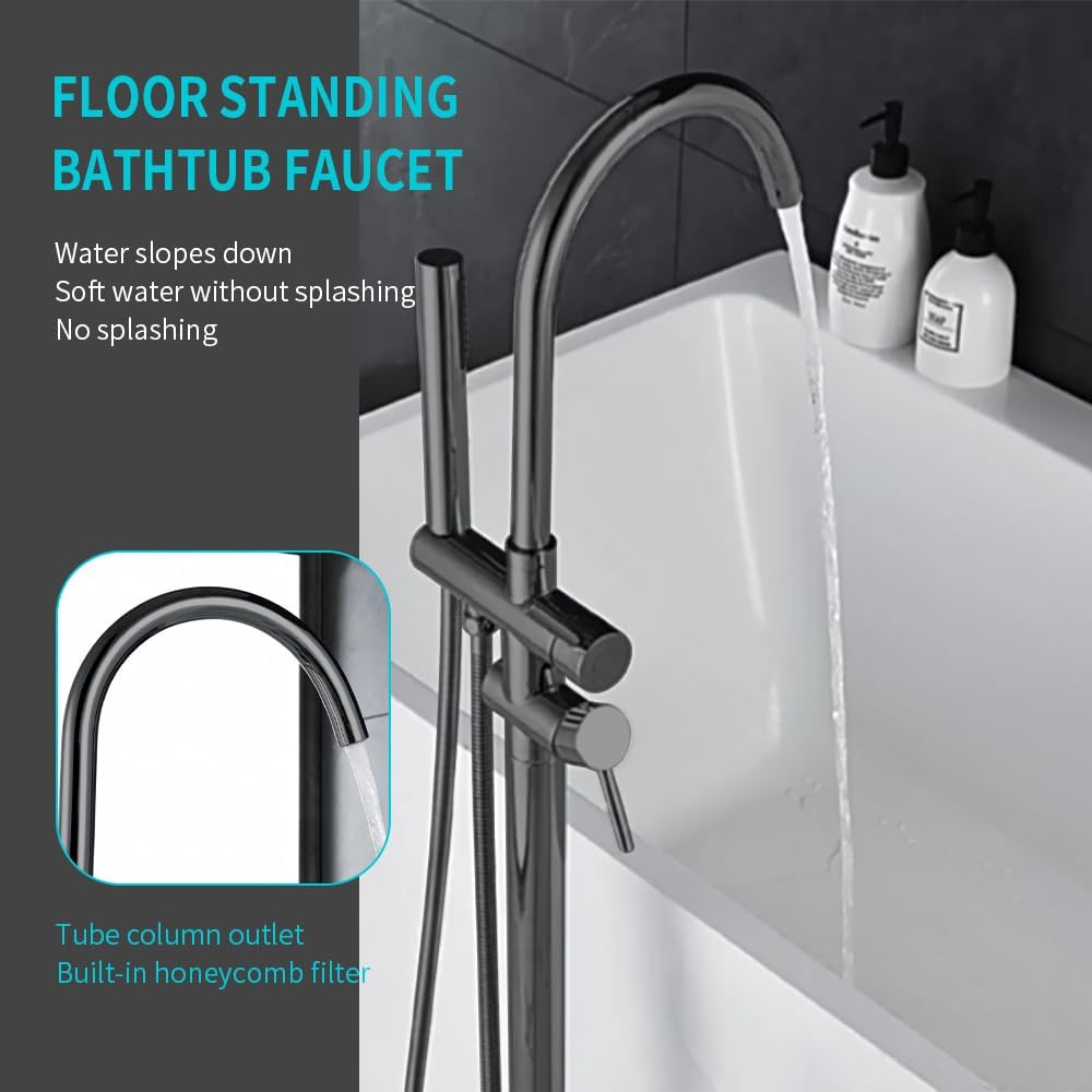 Floor Mount Bathtub Faucet, Freestanding Tub Filler, Standing Swivel Spout Shower Faucets Shower Mixer Taps with Cylinder Handheld Shower (Gun Grey, With Embedded Box)