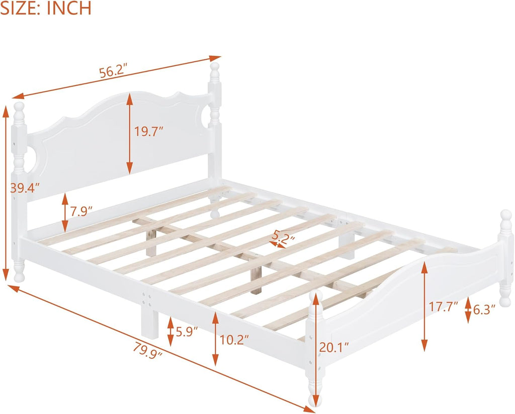 LUMISOL Vintage Full Size Spindle Bed Frame with Headboard, Mid-Century Platform Bed with Wood Slat Support for Bedroom, No Box Spring Needed, White