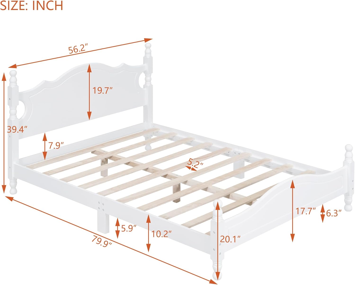 LUMISOL Vintage Full Size Spindle Bed Frame with Headboard, Mid-Century Platform Bed with Wood Slat Support for Bedroom, No Box Spring Needed, White