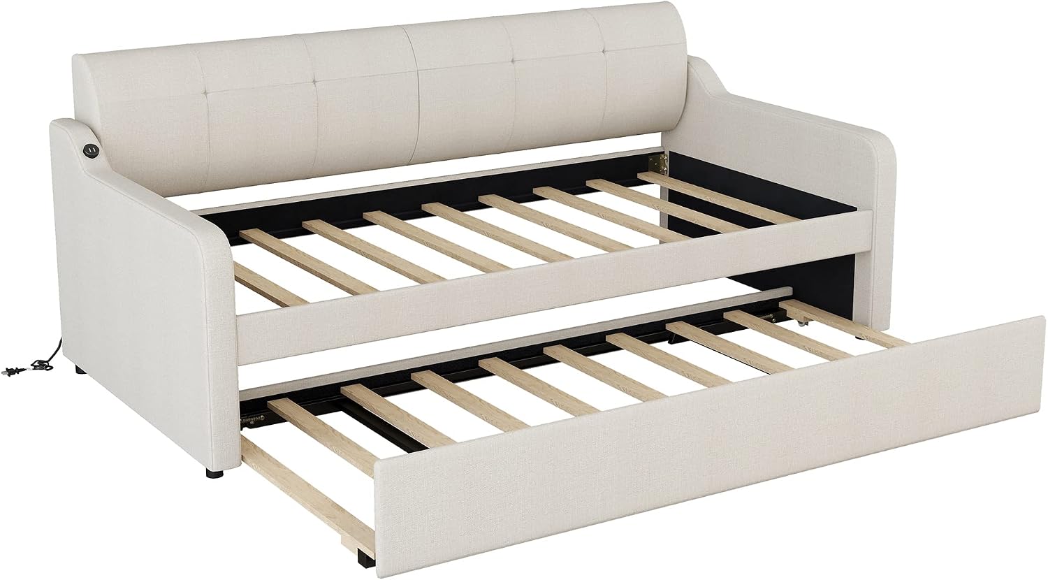 Daybed with Trundle and USB Charging Design, Twin Size Upholstery Day Bed Frame, Trundle can be Flat or erected,Beige
