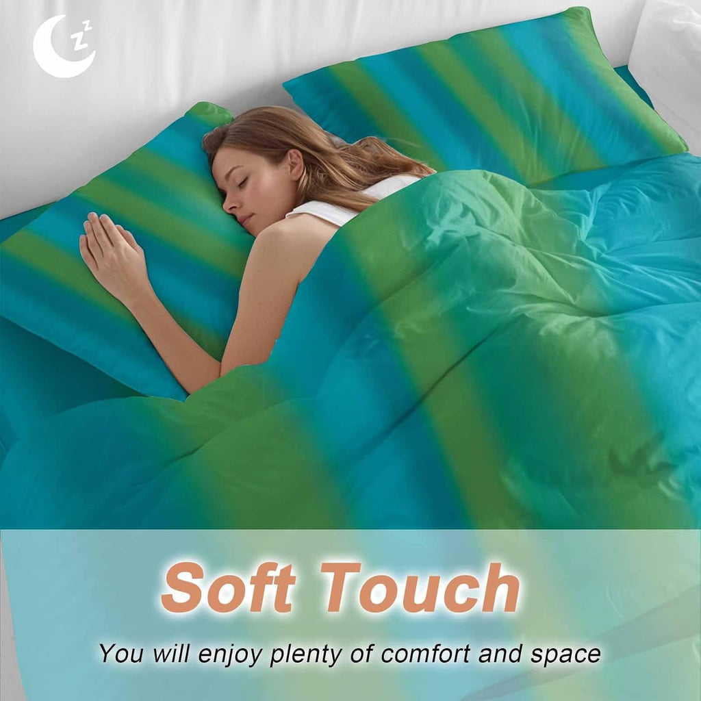 Blue Green Gradient Duvet Cover Set Queen Size 4 Pieces Color Striped Ombre Modern Minimalist Art Bedding Set with Zipper Closure, 1 Comforter Cover 90x92 Inches 1 Flat Sheet & 2 Pillow Cases