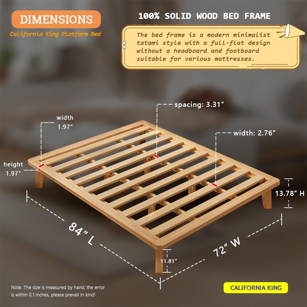 NELYE California-King Platform Bed Base - 14 Inch Solid Wood Mattress Foundation with Support Slats and Legs, California King Size Rubberwood Simple Bed Frame