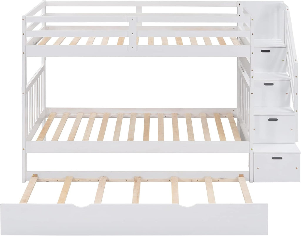Harper & Bright Designs Stairway Twin Over Full Bunk Bed with Twin Size Trundle and Drawers, Solid Wood Bunk Bed Staircase Can be Placed on The Left or Right Side (White)