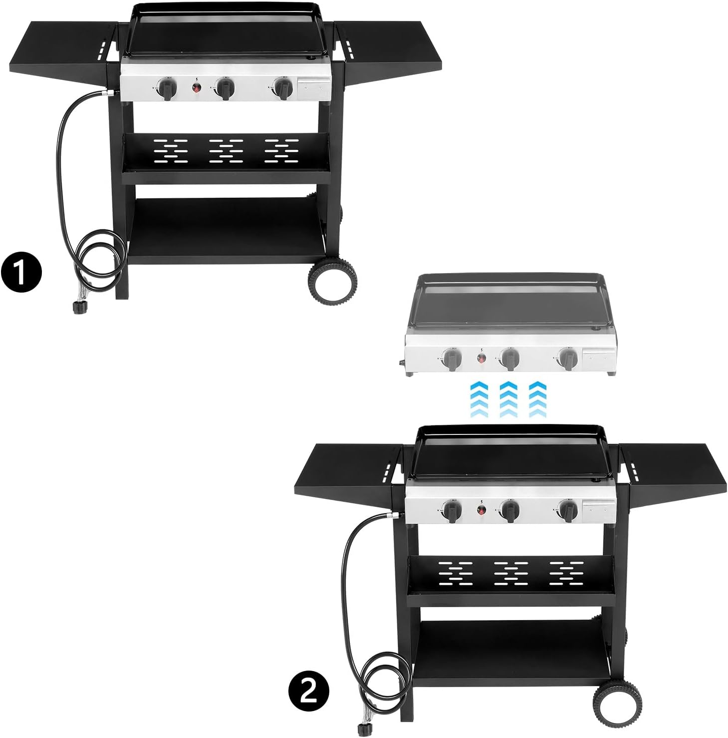 3-Burner Flat Top Gas Griddle Cooking Station with Ceramic Coated Cast Iron Pan, 30,000 BTU Propane Fuelled Griddle Station with Side Shelves & Spice Rack for Outdoor Barbecue Backyard Cookout
