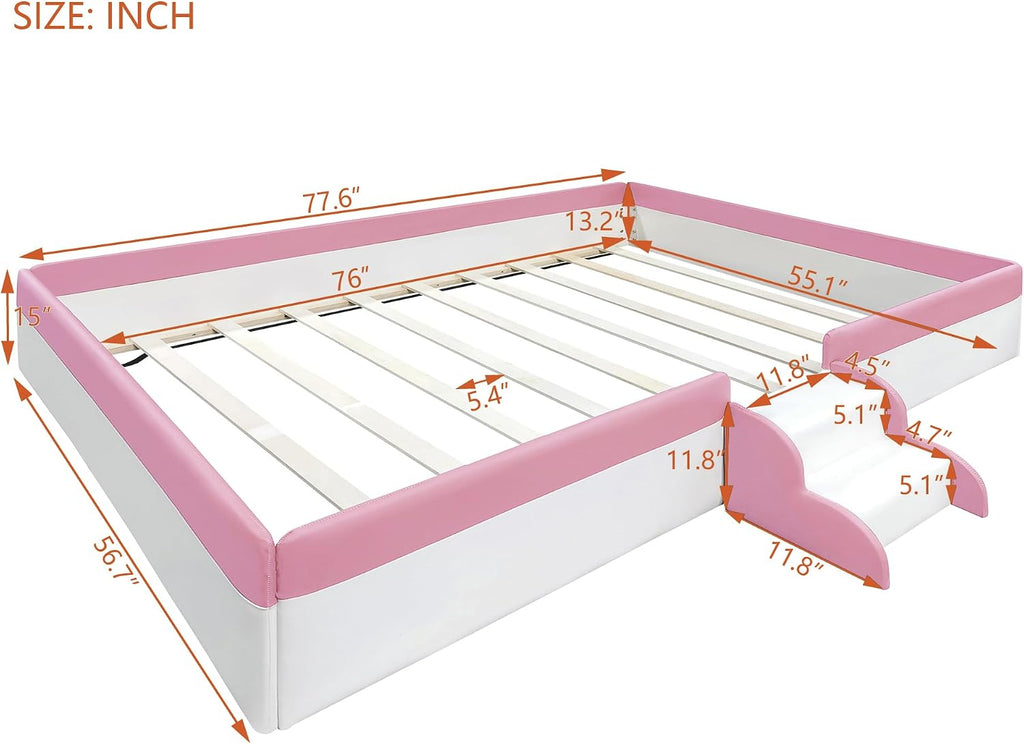 VilroCaz Full Size Upholstered Daybed Frame with Fence and Stairs, Montessori Kids Floor Bed with Sturdy Slat Support for Kids Boys Girls