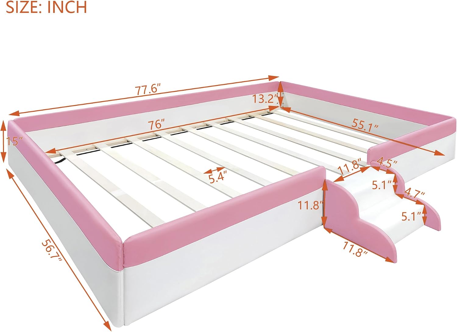 VilroCaz Full Size Upholstered Daybed Frame with Fence and Stairs, Montessori Kids Floor Bed with Sturdy Slat Support for Kids Boys Girls