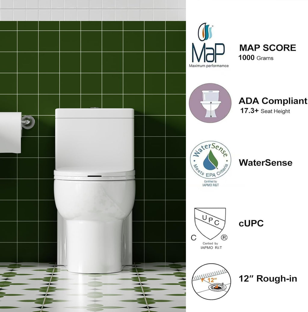 Elongated One Piece Toilet with ADA Comfort Height, Seat Chair Height 17.3' Modern Toilet for Bathroom, Dual Flush 0.8/1.6 GPF, MAP 1000g, 12' Rough-In, Soft Closing Seat, Glossy White