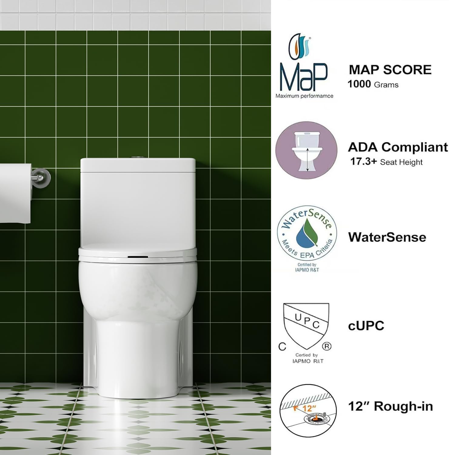 Elongated One Piece Toilet with ADA Comfort Height, Seat Chair Height 17.3' Modern Toilet for Bathroom, Dual Flush 0.8/1.6 GPF, MAP 1000g, 12' Rough-In, Soft Closing Seat, Glossy White