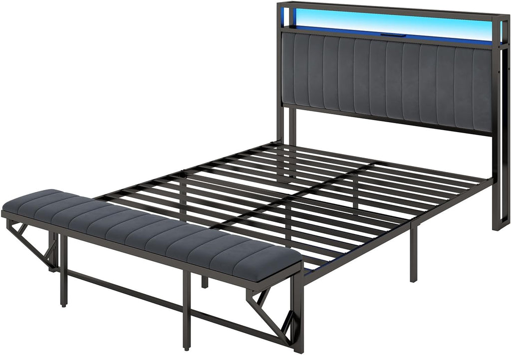 AMERLIFE Queen Size Bed Frame, Storage Headboard with Charging Station & LED Lights, Upholstered Platform Bed with Ottoman Footboard, Velvet Fabric, Metal Slats Support, Noisy Free, Grey