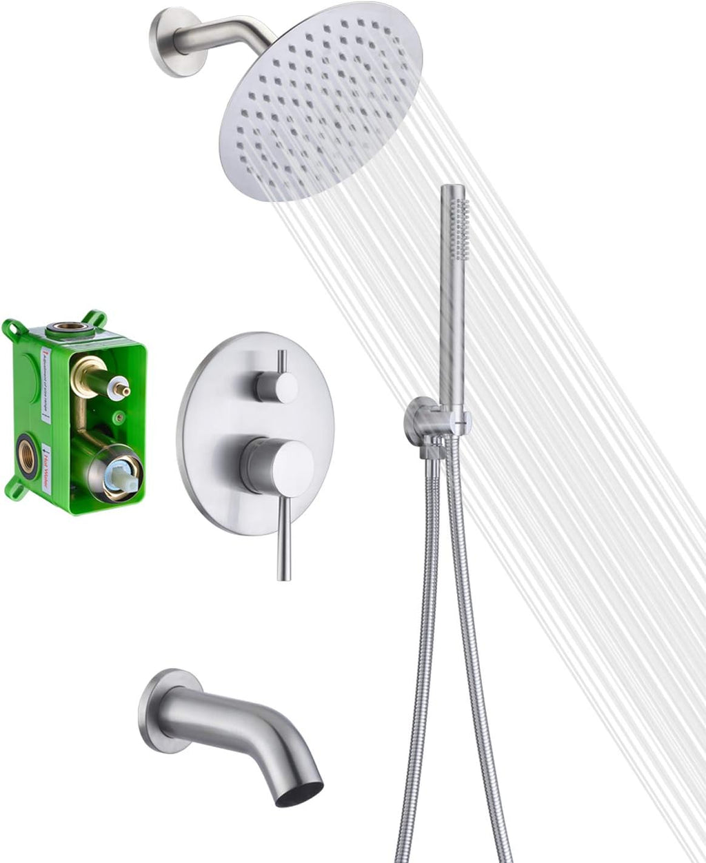 Brushed Nickel Shower System with Waterfall Tub Spout, 8 Inches Rain Shower and Handheld