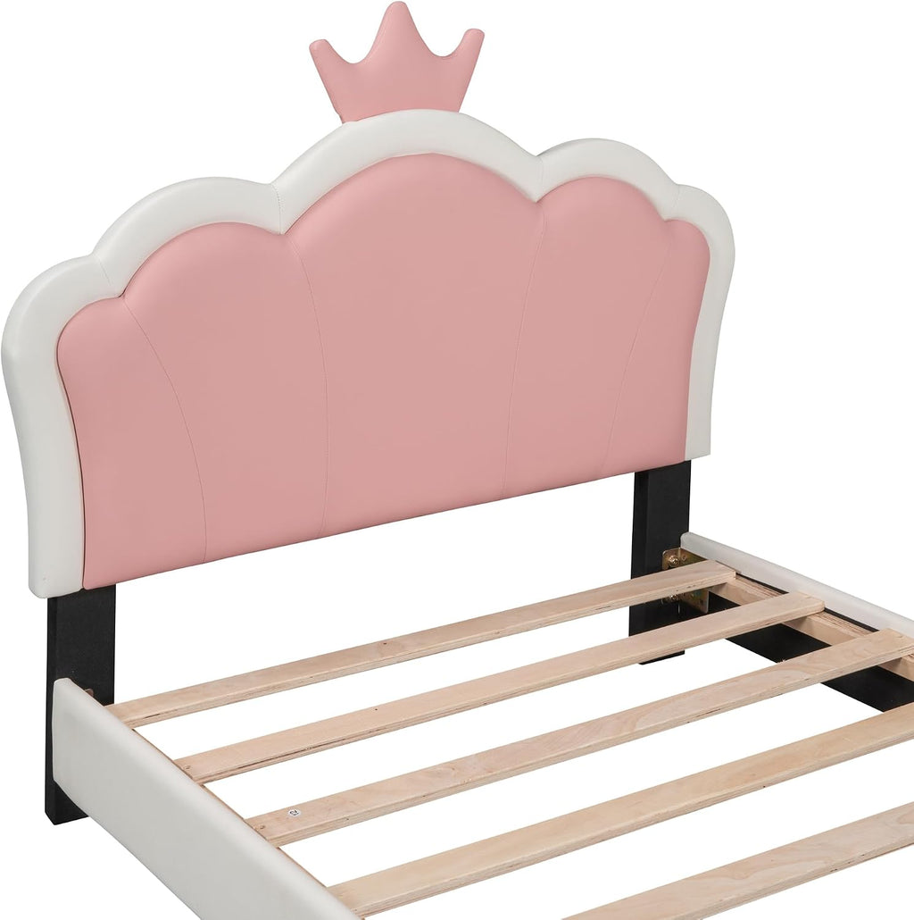 Merax Kids Twin Upholstered Day Bed Frame for Boys Girls, Wood Platform Bed with Crown Headboard, No Box Spring Needed White+Pink