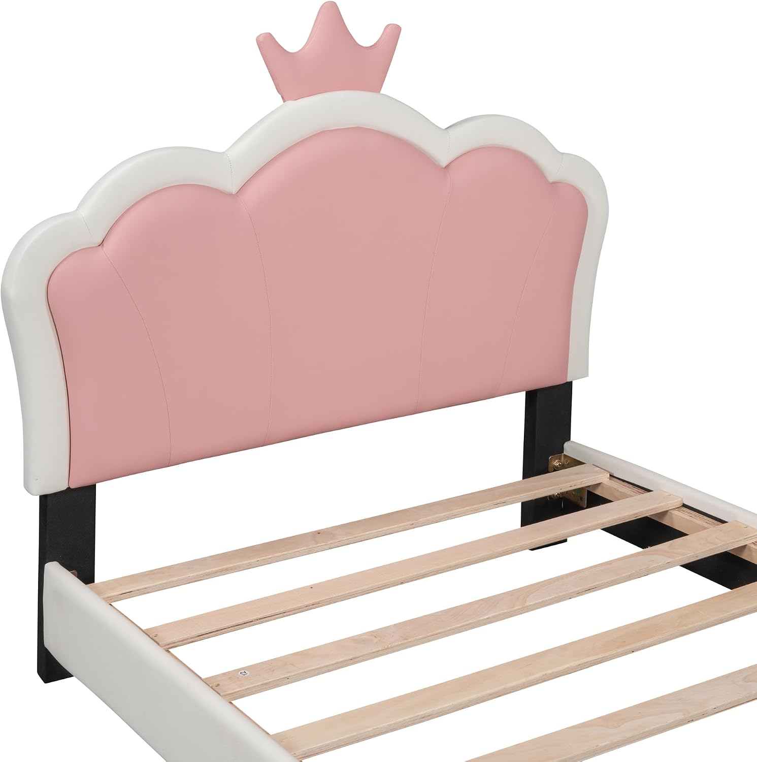 Merax Kids Twin Upholstered Day Bed Frame for Boys Girls, Wood Platform Bed with Crown Headboard, No Box Spring Needed White+Pink
