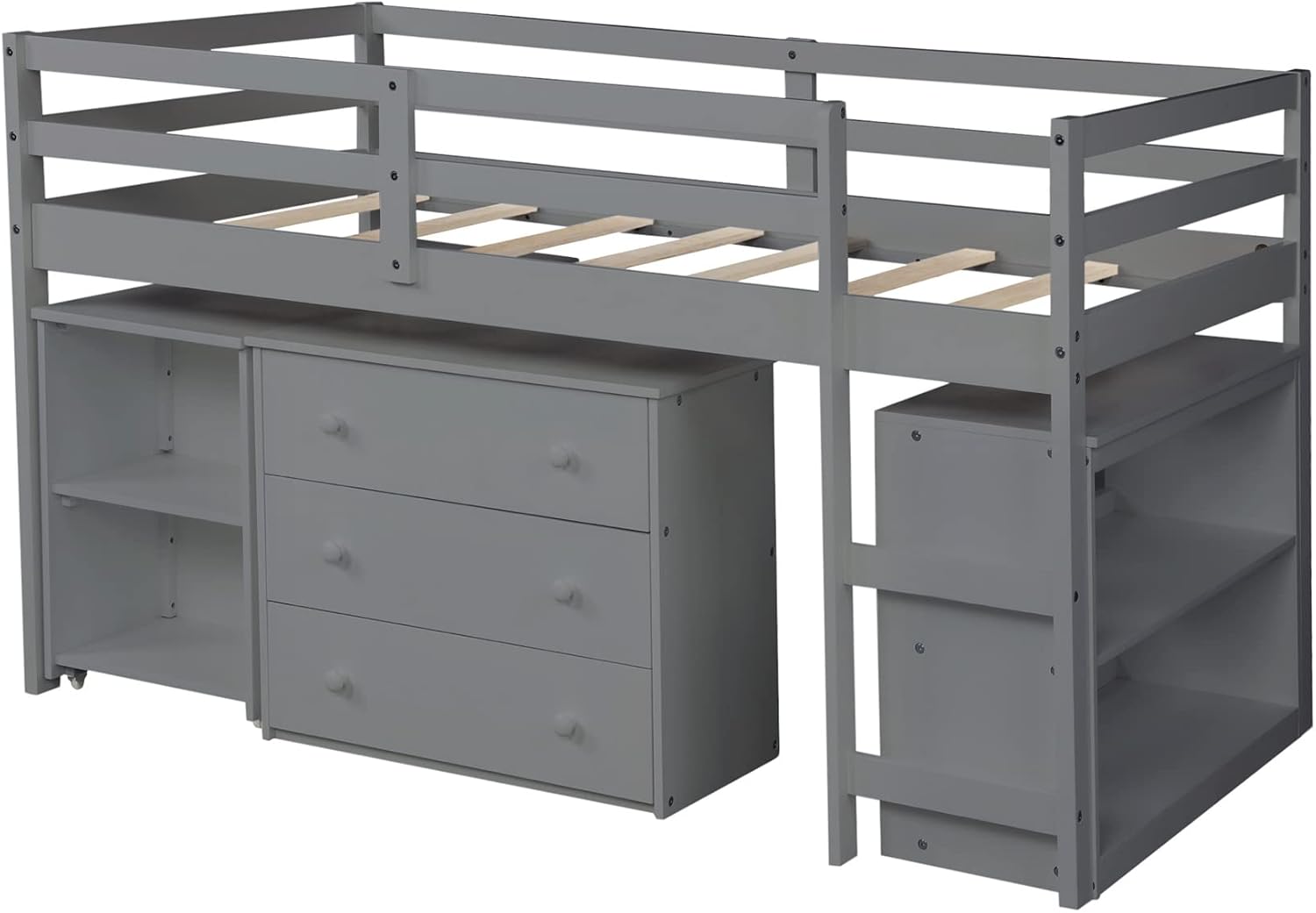 Bellemave Low Loft Bed Wood Loft Bed Frame with Storage Cabinet and Rolling Portable Desk for Kids and Teen, Boys, Girls, Twin,Gray