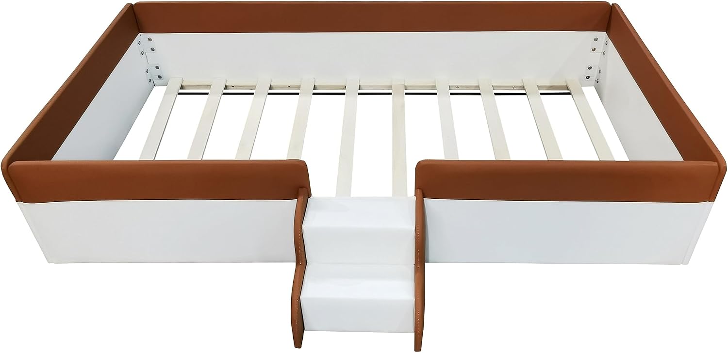 VilroCaz Twin Size Upholstered Daybed Frame with Fence and Stairs, Montessori Kids Floor Bed with Sturdy Slat Support for Kids Boys Girls (Brown+Twin)