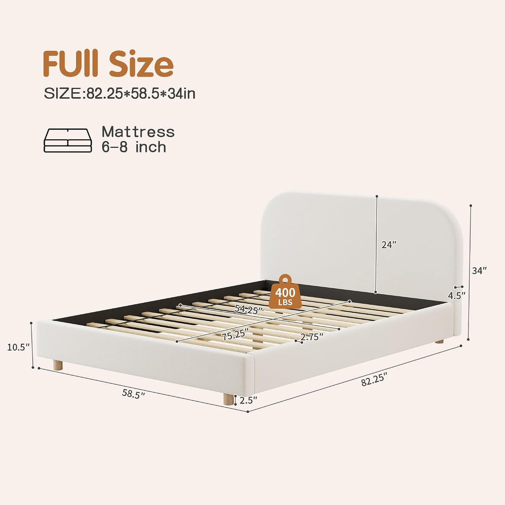 Luxurious Velvet Full Size Upholstered Platform Bed, Modern Solid Bed Frame with Curve-Shaped Design and Thick Headboard for Bedroom, Easy 15-30 min Assembly,Beige