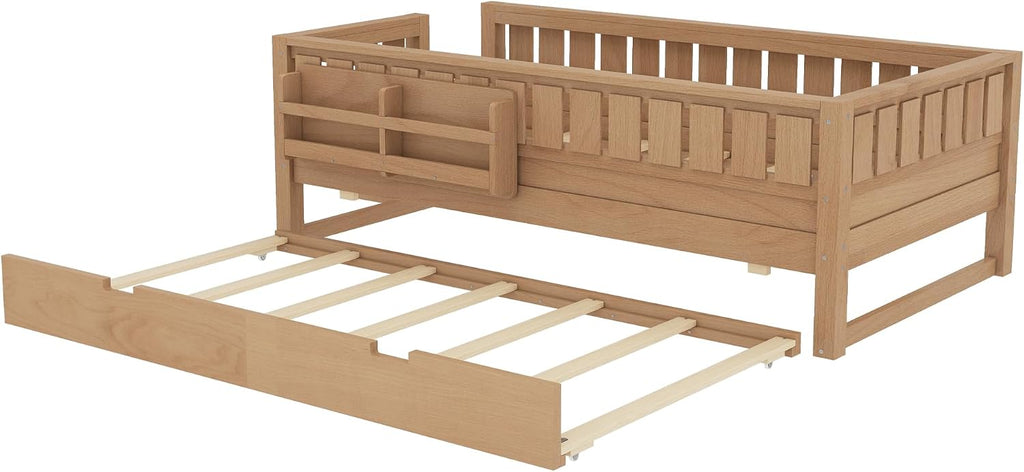 Bellemave Twin Bed with Trundle Twin and Stairs, Twin Size Platform Bed Frame with Fence and Bookshelf, Easy Assemble Beds for Kids, Girls, Boys, Natural