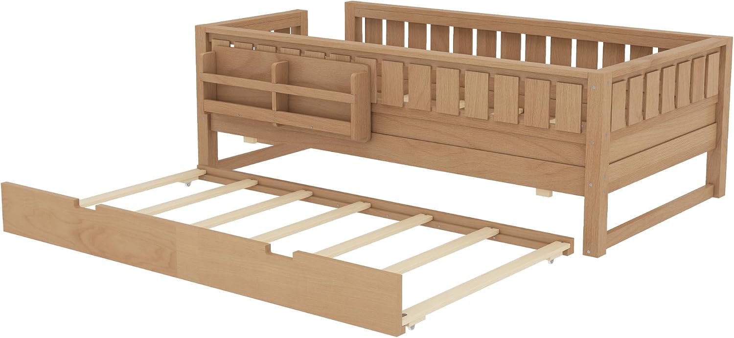 Bellemave Twin Bed with Trundle Twin and Stairs, Twin Size Platform Bed Frame with Fence and Bookshelf, Easy Assemble Beds for Kids, Girls, Boys, Natural