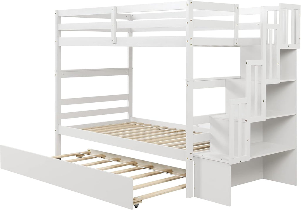 Ball & Cast Twin Over Twin Bunk Beds with Trundle,Wood Bedframe W/Safty Guardrail & Stairway Storage,No Box Spring Needed,Easy Assembly,Multiple Functional Bedroom Furniture for Boy Girl Teens,White
