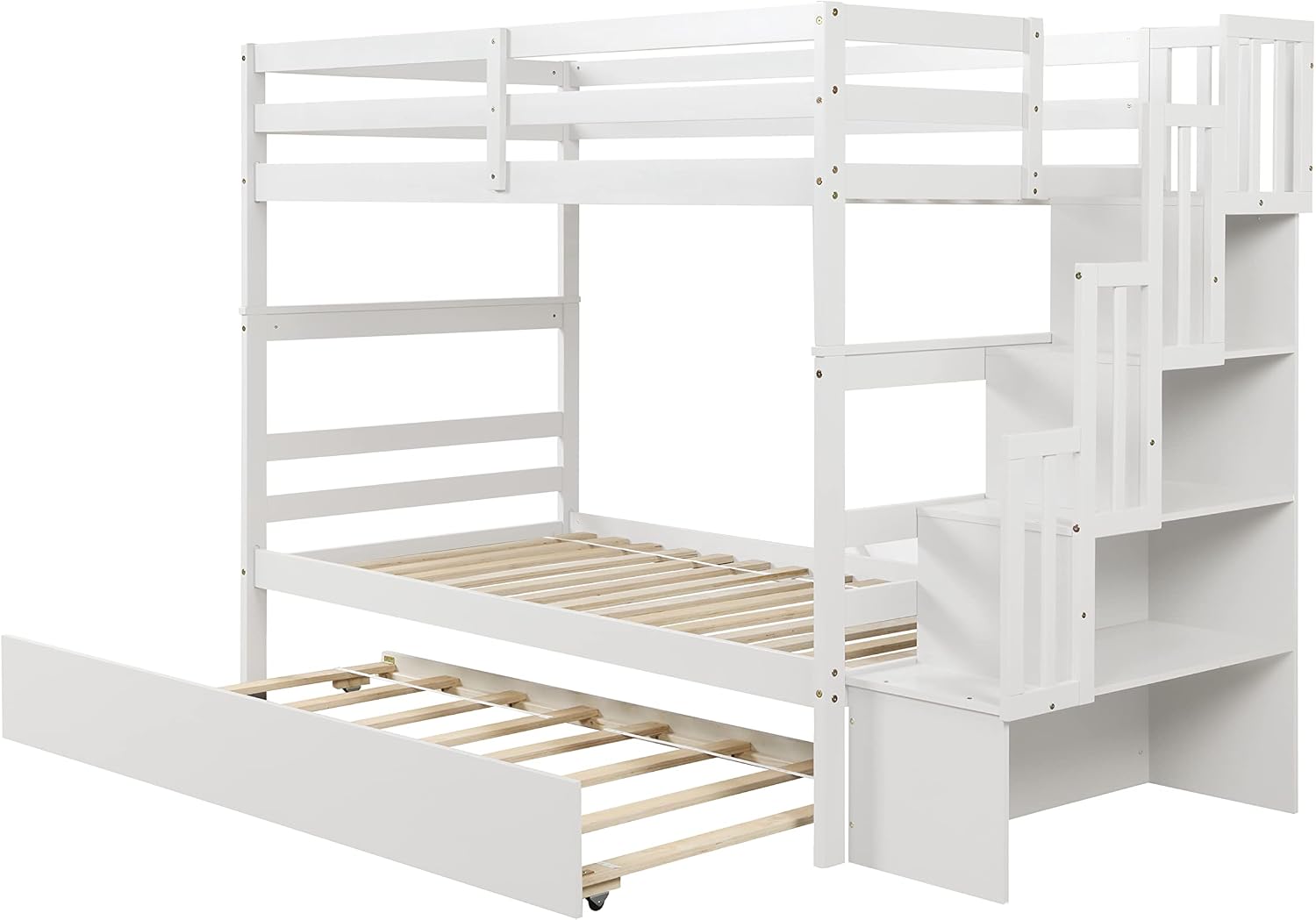 Ball & Cast Twin Over Twin Bunk Beds with Trundle,Wood Bedframe W/Safty Guardrail & Stairway Storage,No Box Spring Needed,Easy Assembly,Multiple Functional Bedroom Furniture for Boy Girl Teens,White