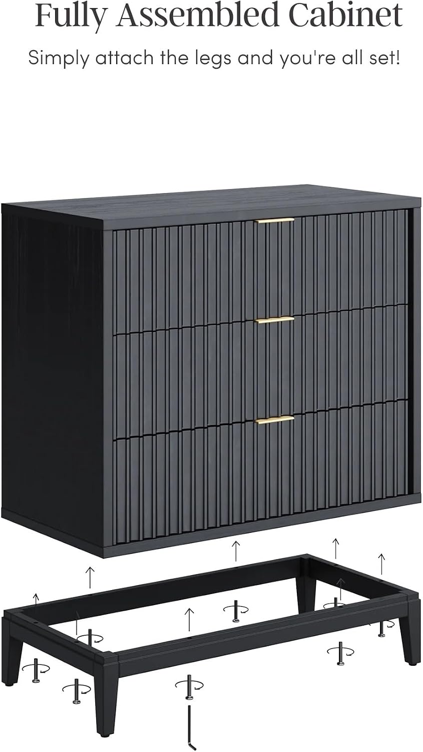 Nathan James Jasper 3 Drawer, Bohemian Fluted, Solid Wood for Nursery, Small Dresser for Bedroom, Black Oak