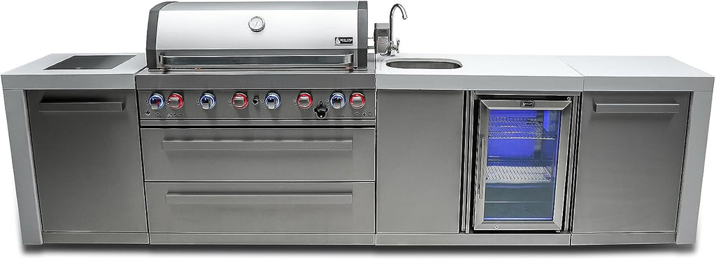 Mont Alpi 132'W x 23'D x 46'H Deluxe Stainless Steel Outdoor Kitchen Island with Refrigerator Faucet & Sink Combo + 44'W 6-Burner BBQ Grill + Granite Countertops + Storage Cabinets + Drawers + Cover