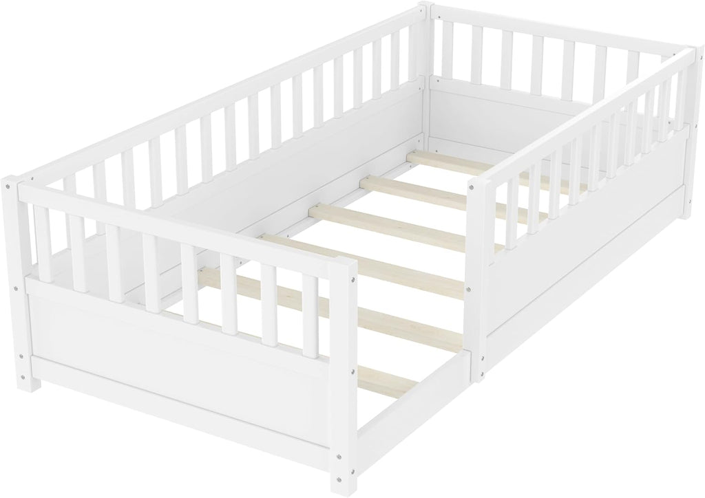 Bellemave Twin Size Montessori Floor Bed with Fence, Easy Assemble Montessori Beds for Kids, Girls, Boys, White