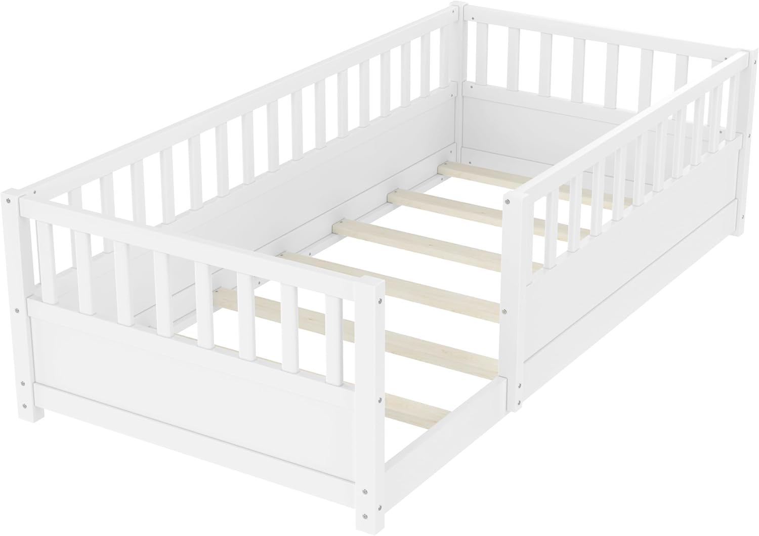 Bellemave Twin Size Montessori Floor Bed with Fence, Easy Assemble Montessori Beds for Kids, Girls, Boys, White