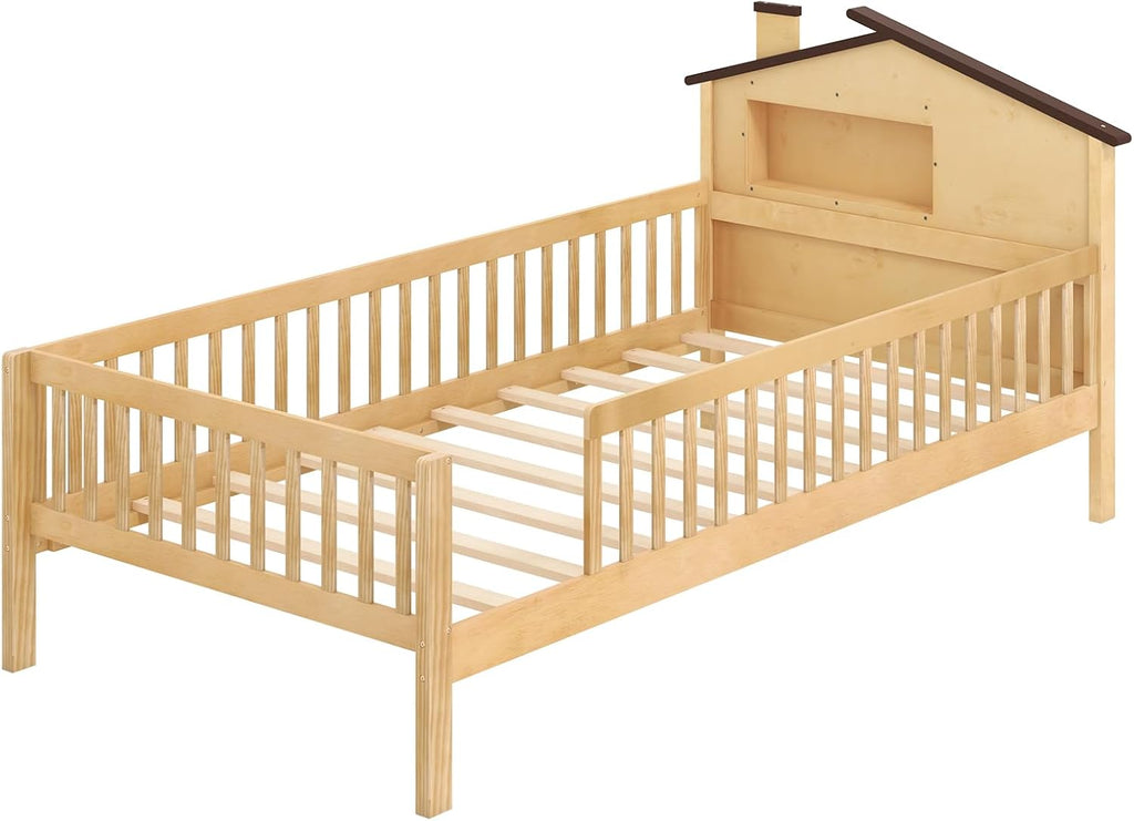 KOMFOTT Twin Bed Frame with Rails & House Shaped Headboard, Solid Wood Platform Bed with Safety Guardrails, Storage Cube & Under-Bed Storage, No Box Spring Needed, Twin Bed with Rails (Natural)
